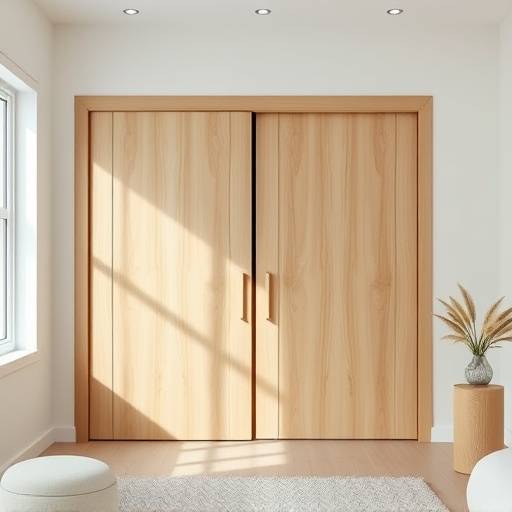 Armário de madeira clara com portas de correr e design minimalista, otimizando o espaäo do quarto.