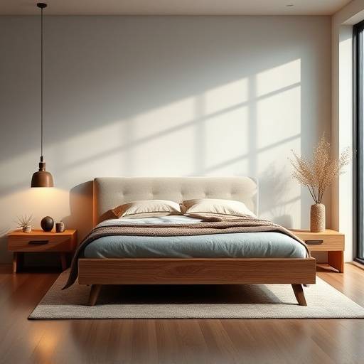 Cama de casal em madeira maciäa com cabeceira estofada e design moderno para um sono tranquilo.
