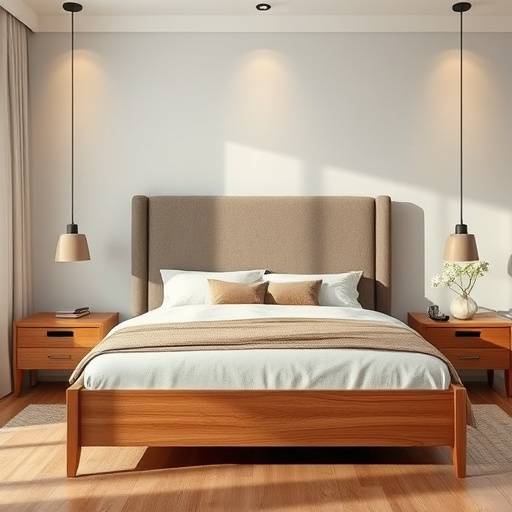 Cama de casal em madeira maciäa com cabeceira estofada e design moderno.