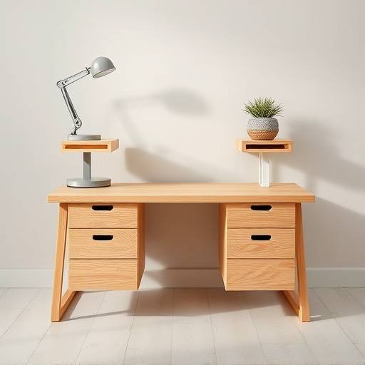 Escrivaninha de madeira clara com design ergonômico e gavetas para organizaäão.