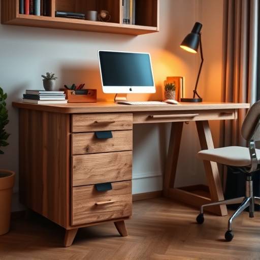 Escrivaninha de madeira com gavetas e design ergonômico, ideal para o trabalho em casa ou estudo.