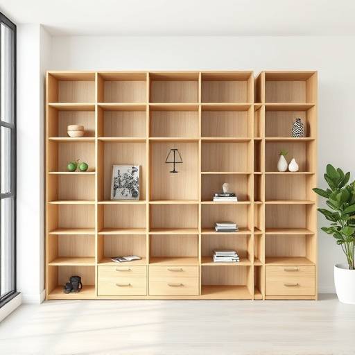 Estante com prateleiras modulares em madeira clara com design minimalista.