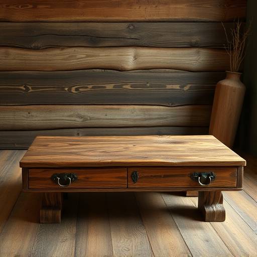 Mesa de centro rüstica em madeira maciäa com detalhes entalhados.
