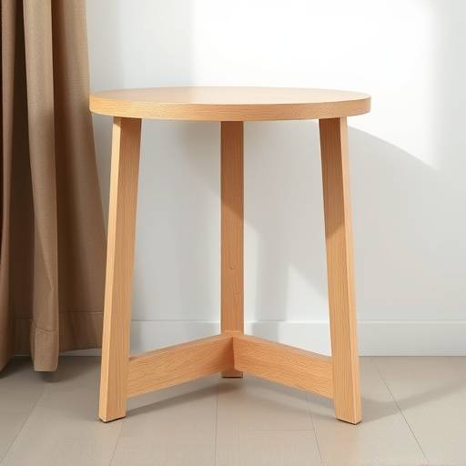 Mesa lateral redonda em madeira clara com design moderno e minimalista.