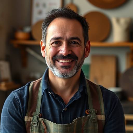 Retrato de João Silva, co-fundador e mestre artesão da ArtMobili, sorrindo em sua oficina.