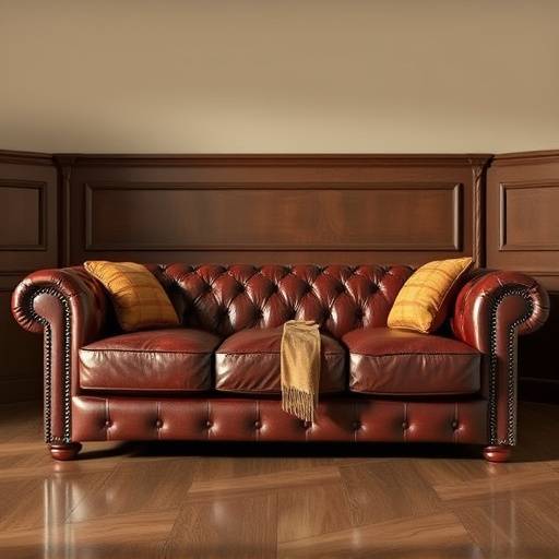 Sofá de couro marrom com design clássico e assentos espaäosos e confortáveis.